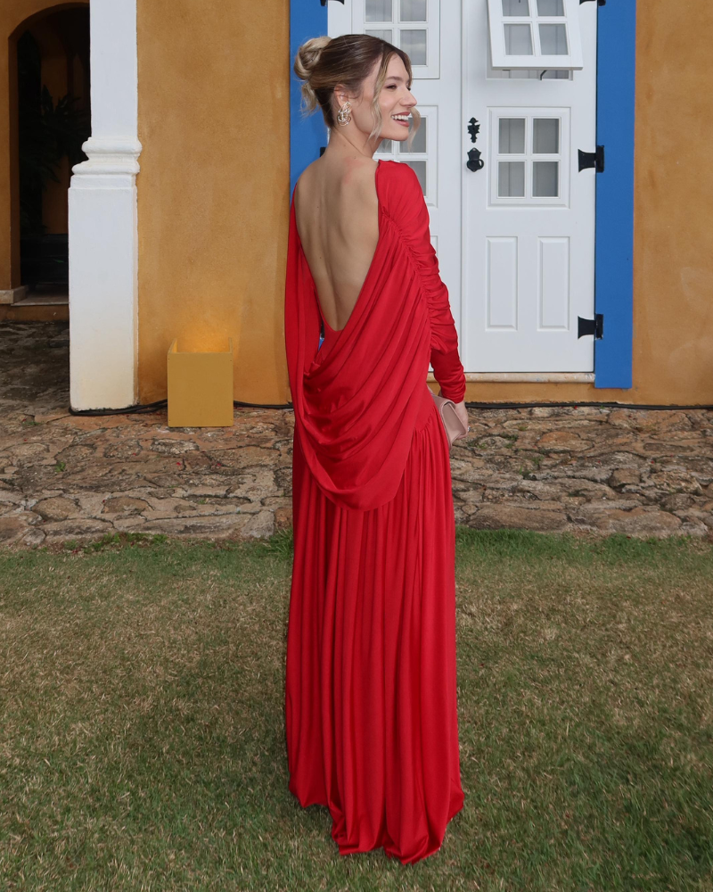 vestido drapeado costas abertas vermelho