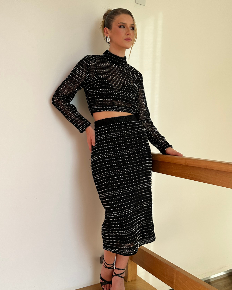 conjunto tela strass preto