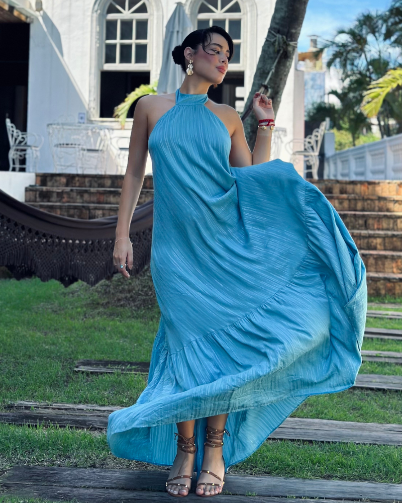 vestido amarração pescoço azul