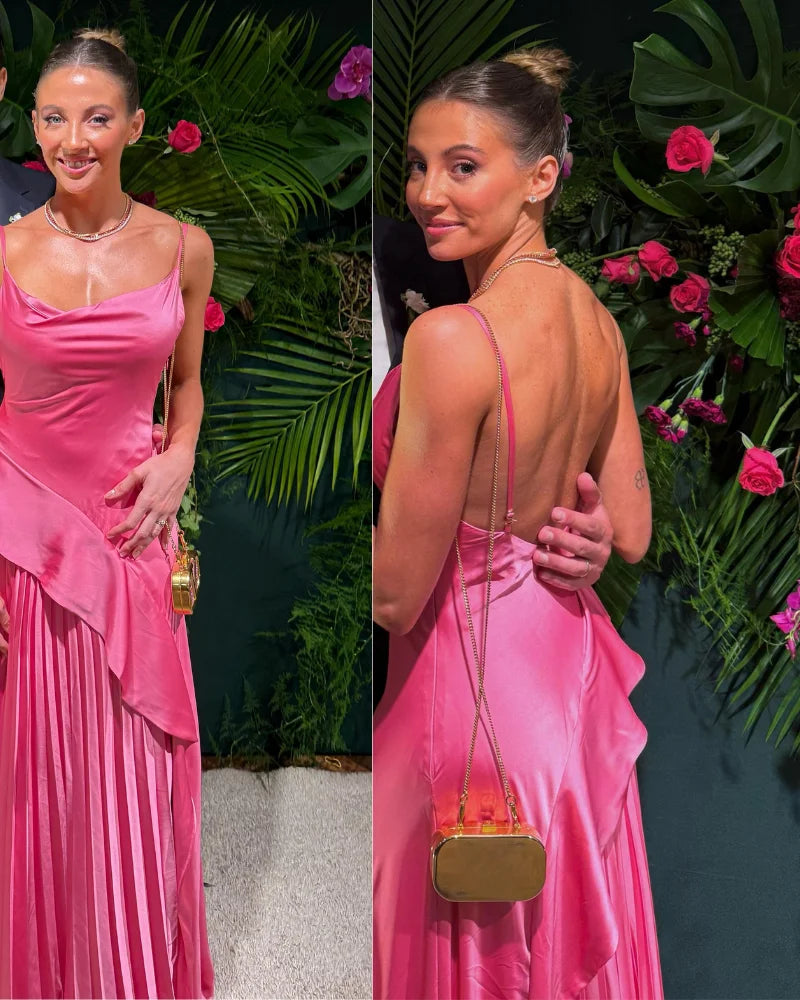 vestido semi plissado cetim rosa