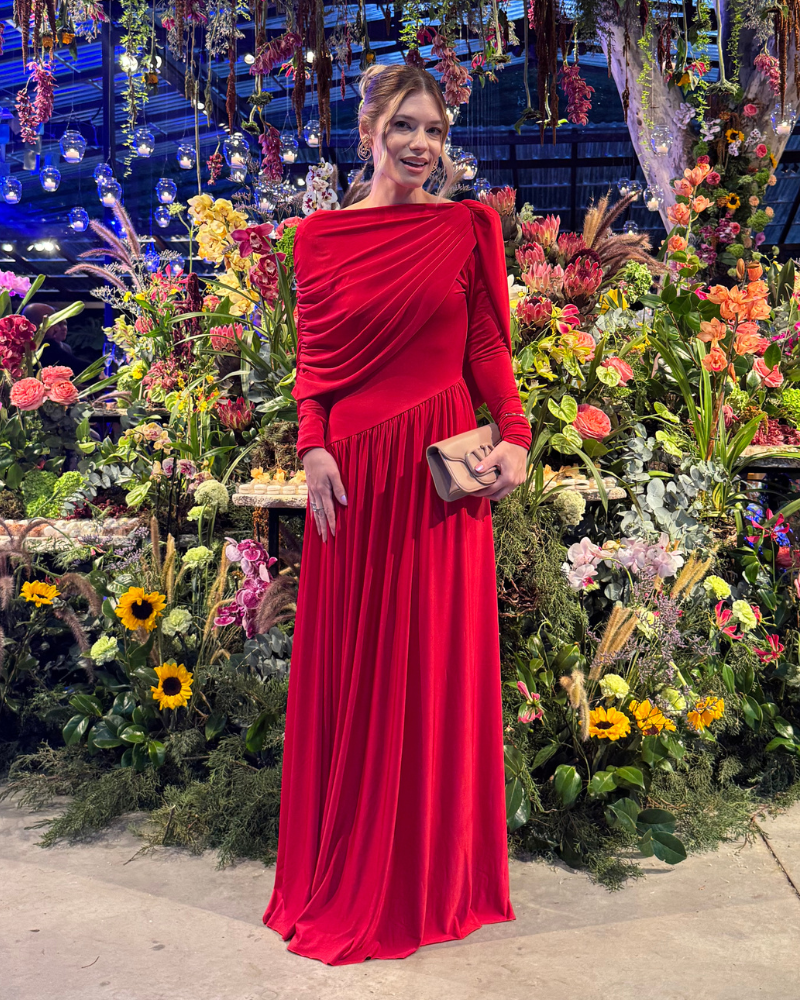vestido drapeado costas abertas vermelho