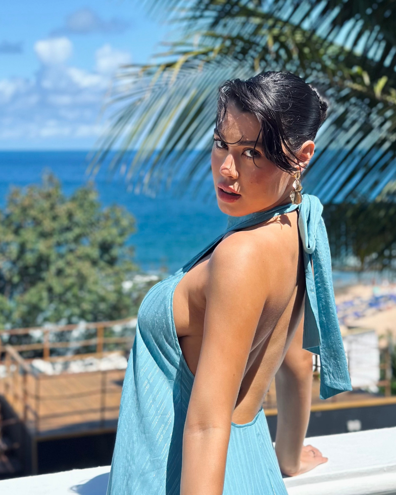 vestido amarração pescoço azul