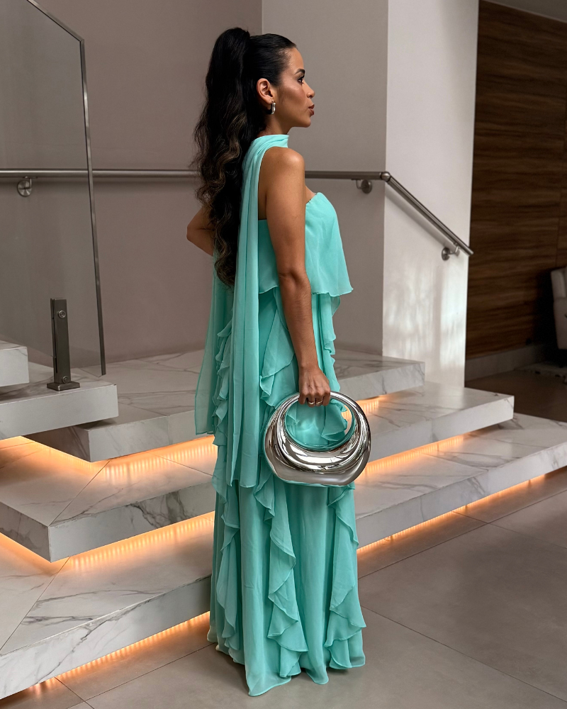 vestido babados saia e echarpe tiffany