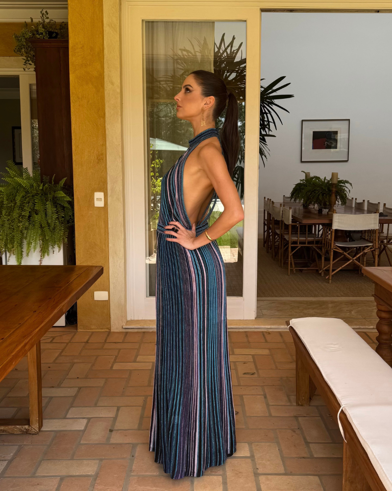 vestido longo tricot azul e roxo