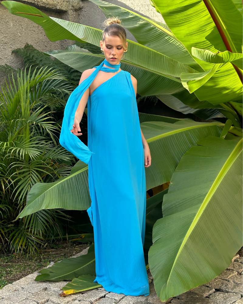 vestido um ombro chocker azul