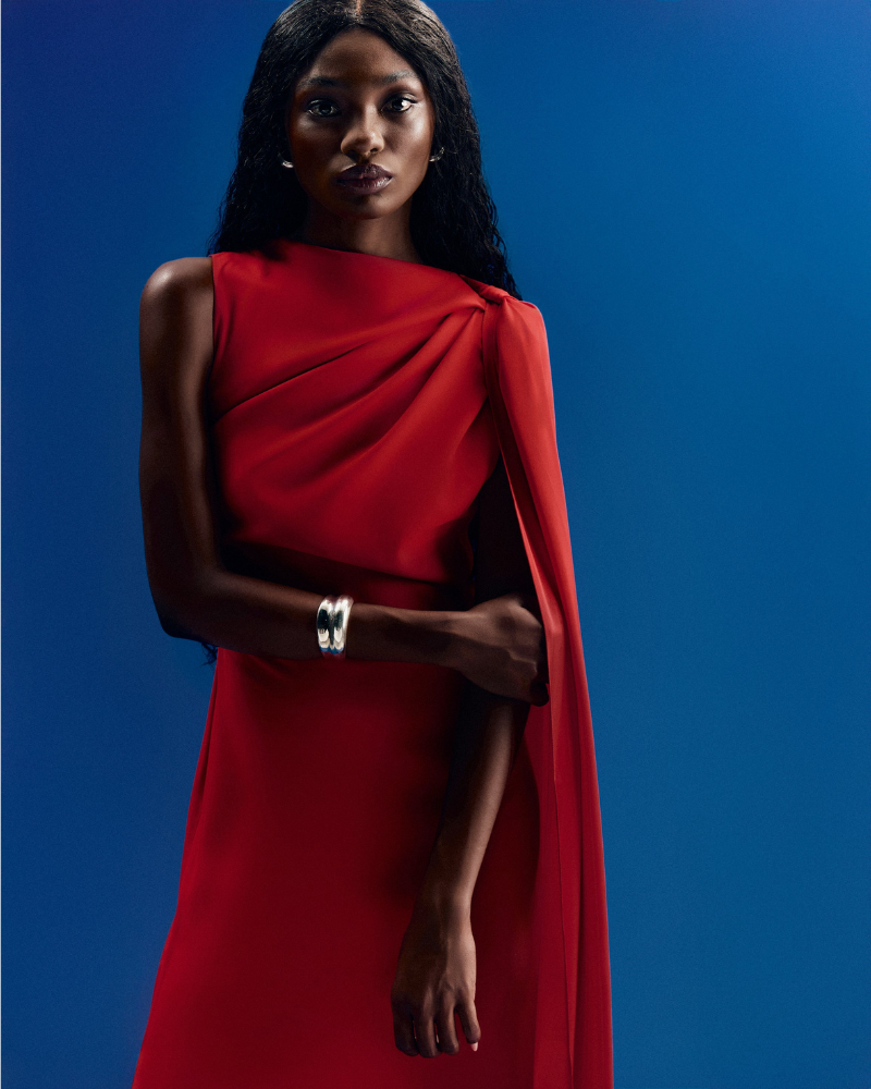 vestido capa unilateral vermelho