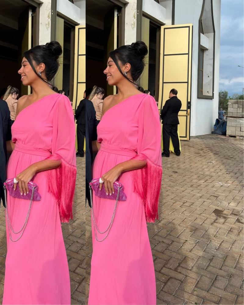 vestido manga franjas pink