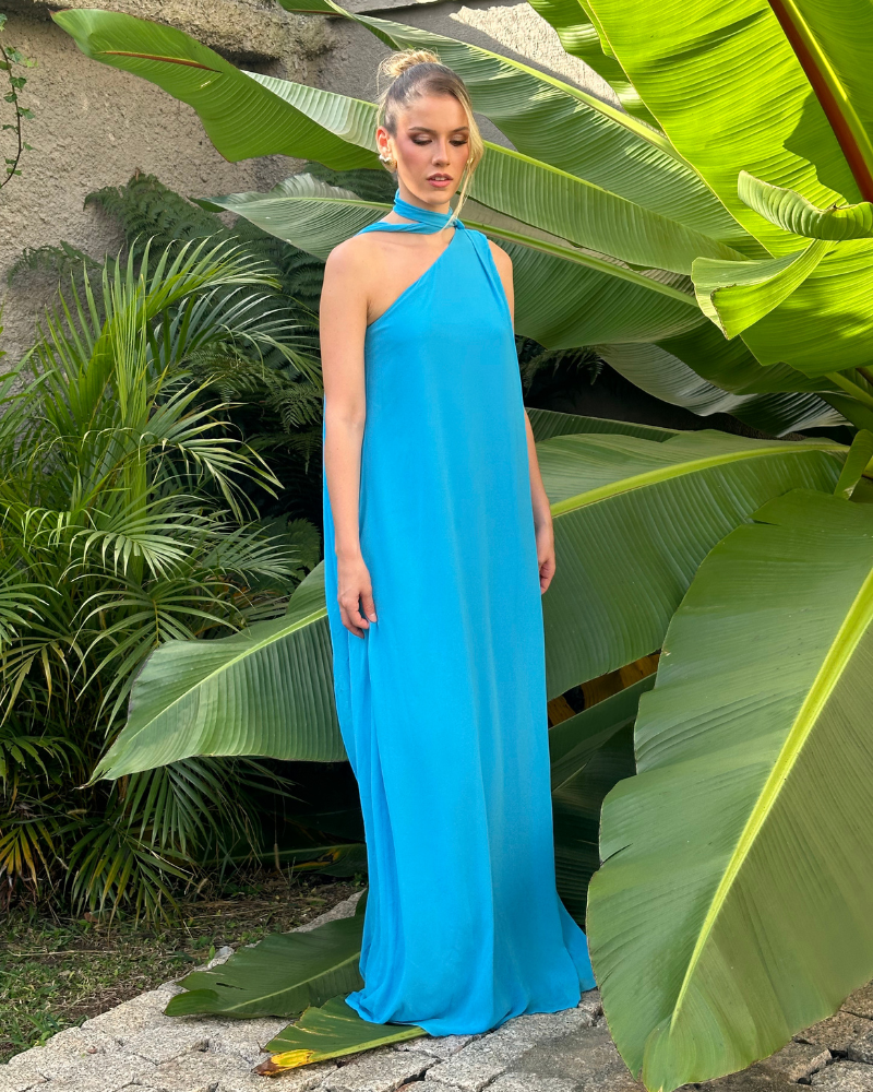 vestido um ombro chocker azul