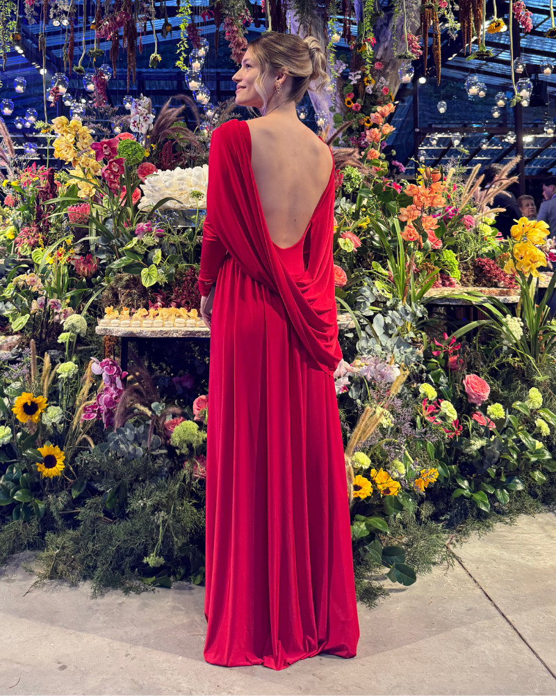 vestido drapeado costas abertas vermelho