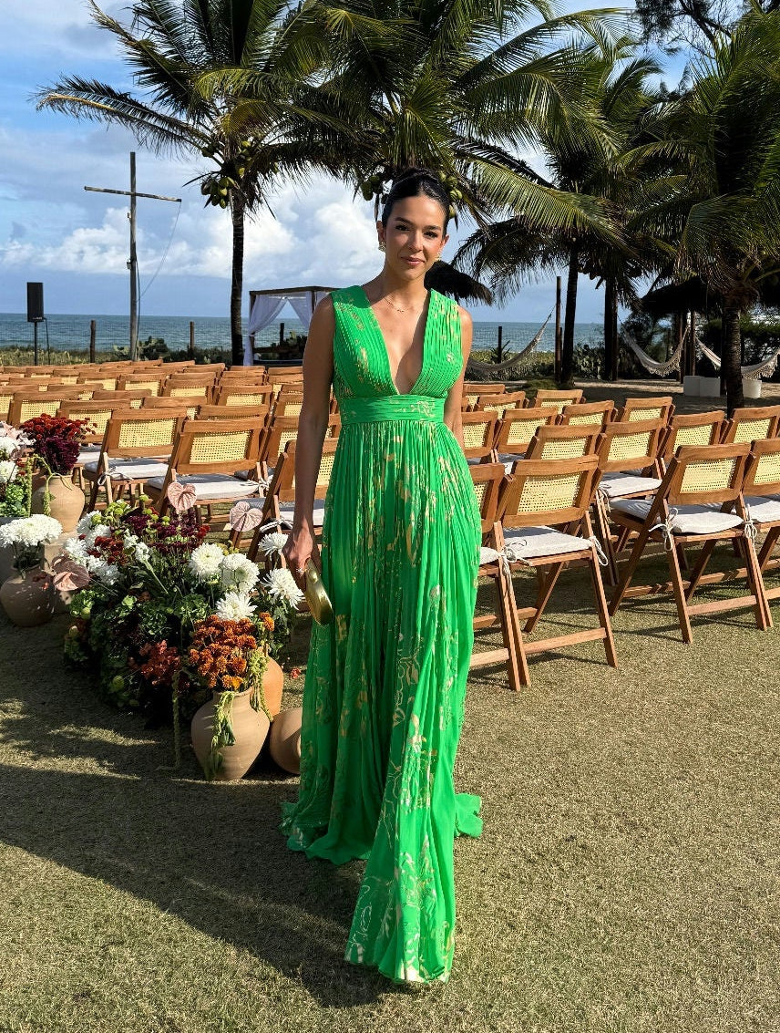 vestido detalhe verde printing