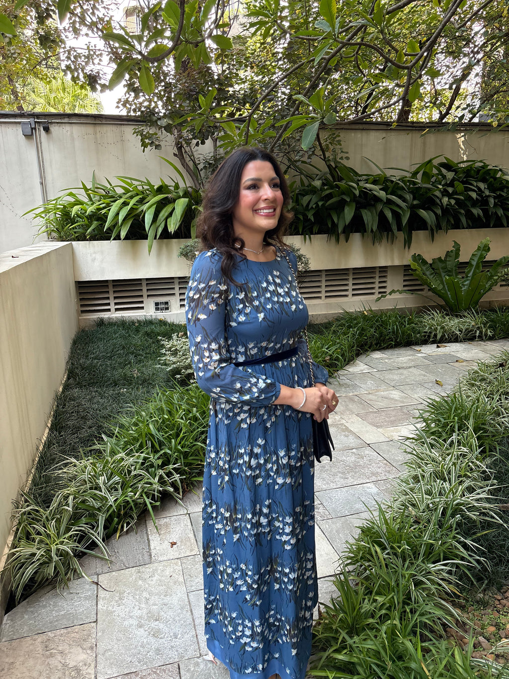 vestido manga florido azul