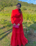 vestido camadas manga longa vermelho