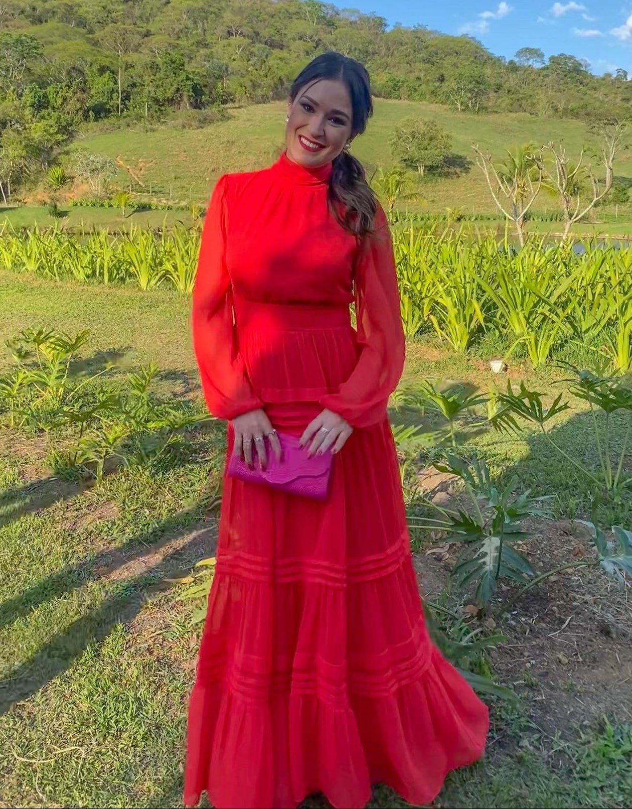 vestido camadas manga longa vermelho