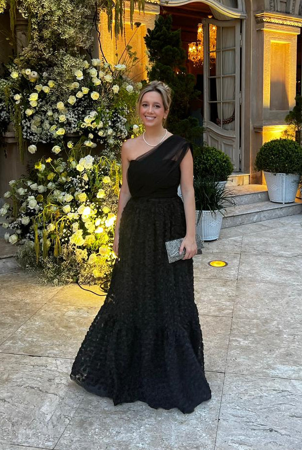 vestido aplicações saia preto