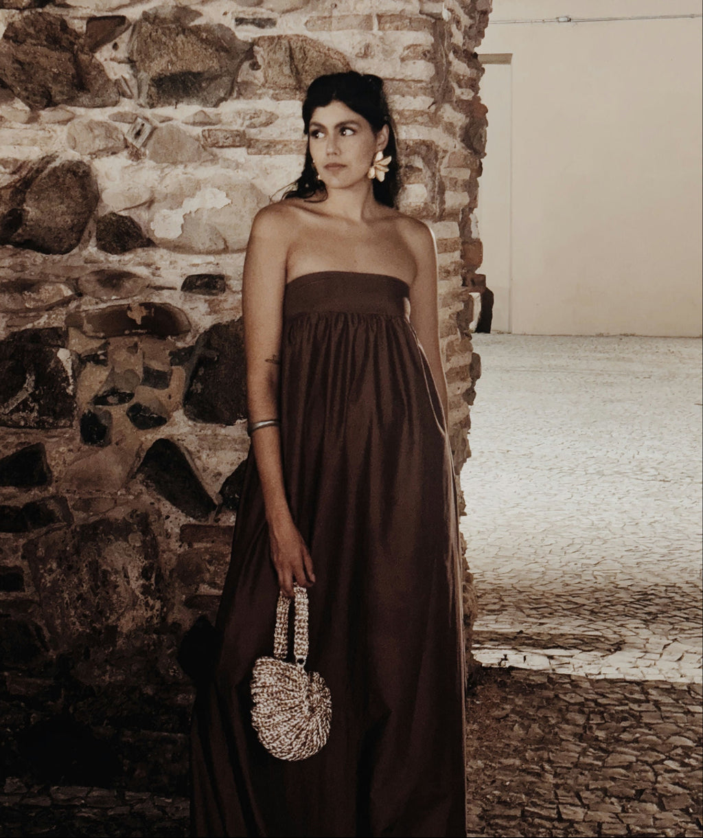 vestido longo balone marrom