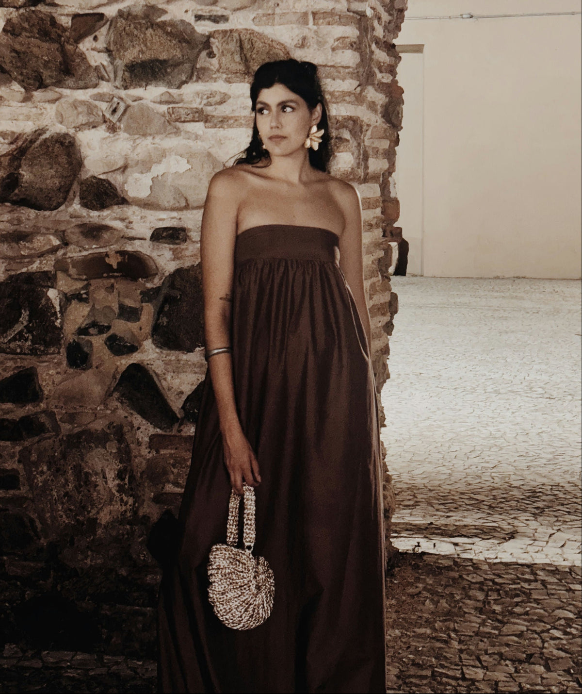 vestido longo balone marrom