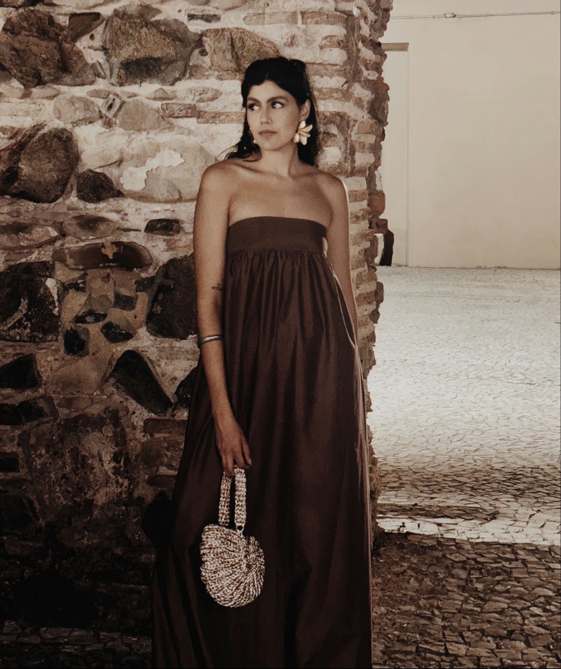vestido longo balone marrom