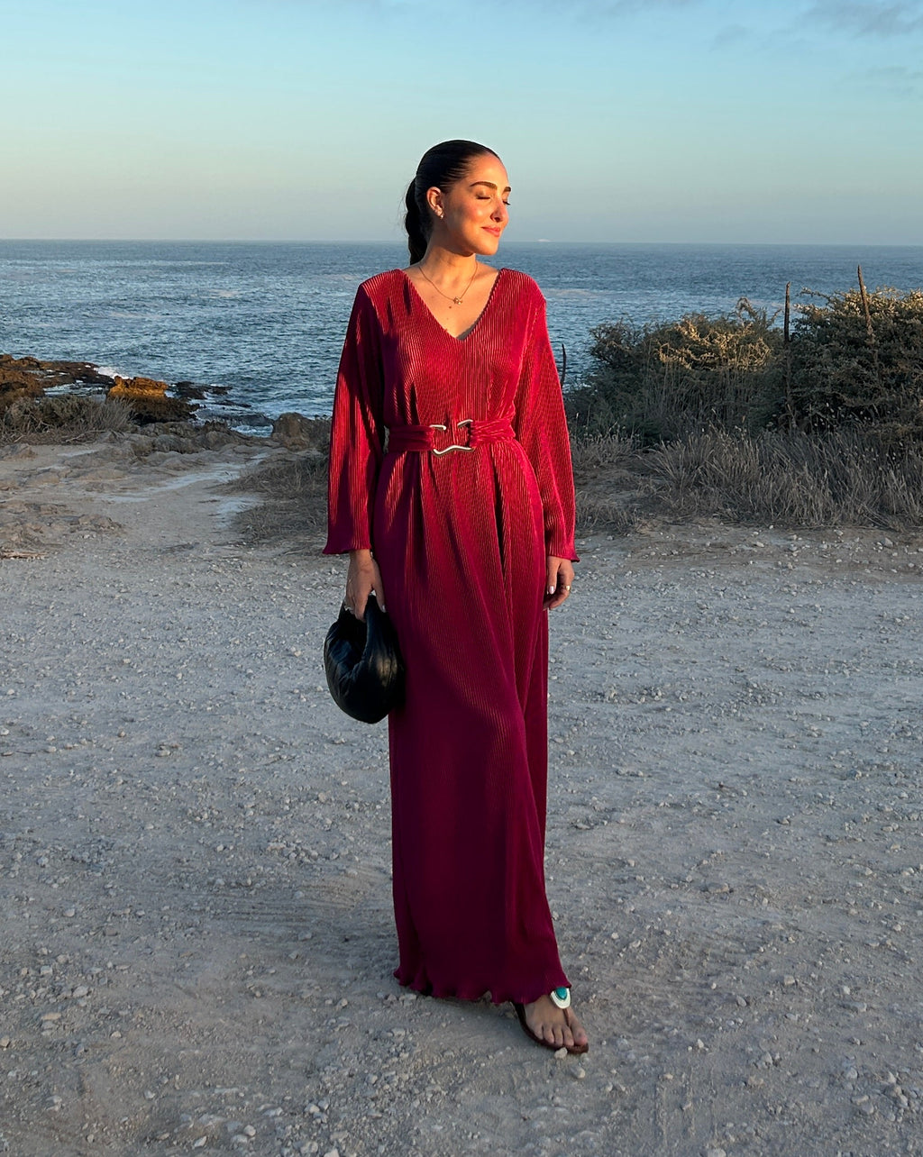 Vestido midi vinho plissado tamanho único