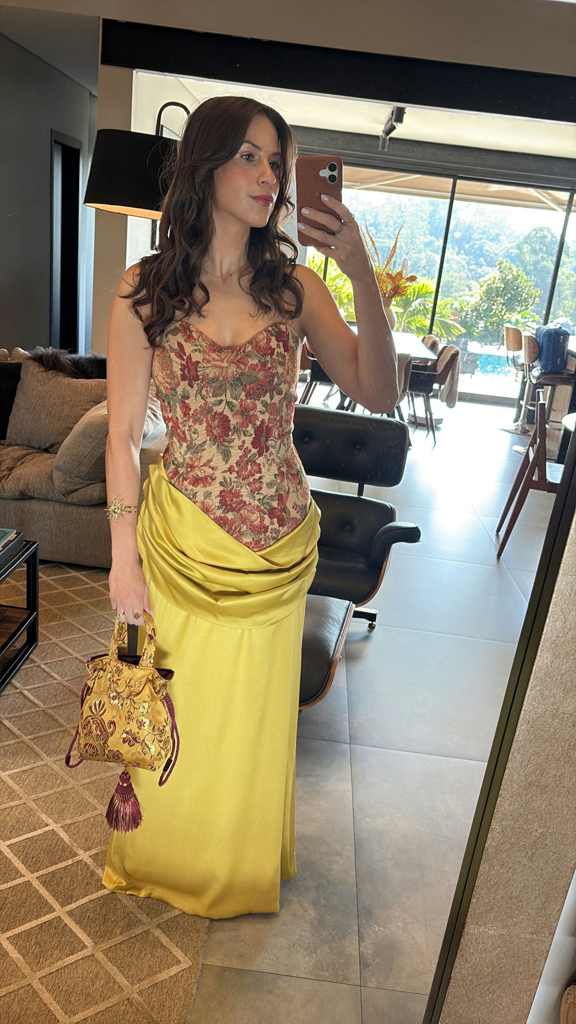vestido jacquard saia amarelo