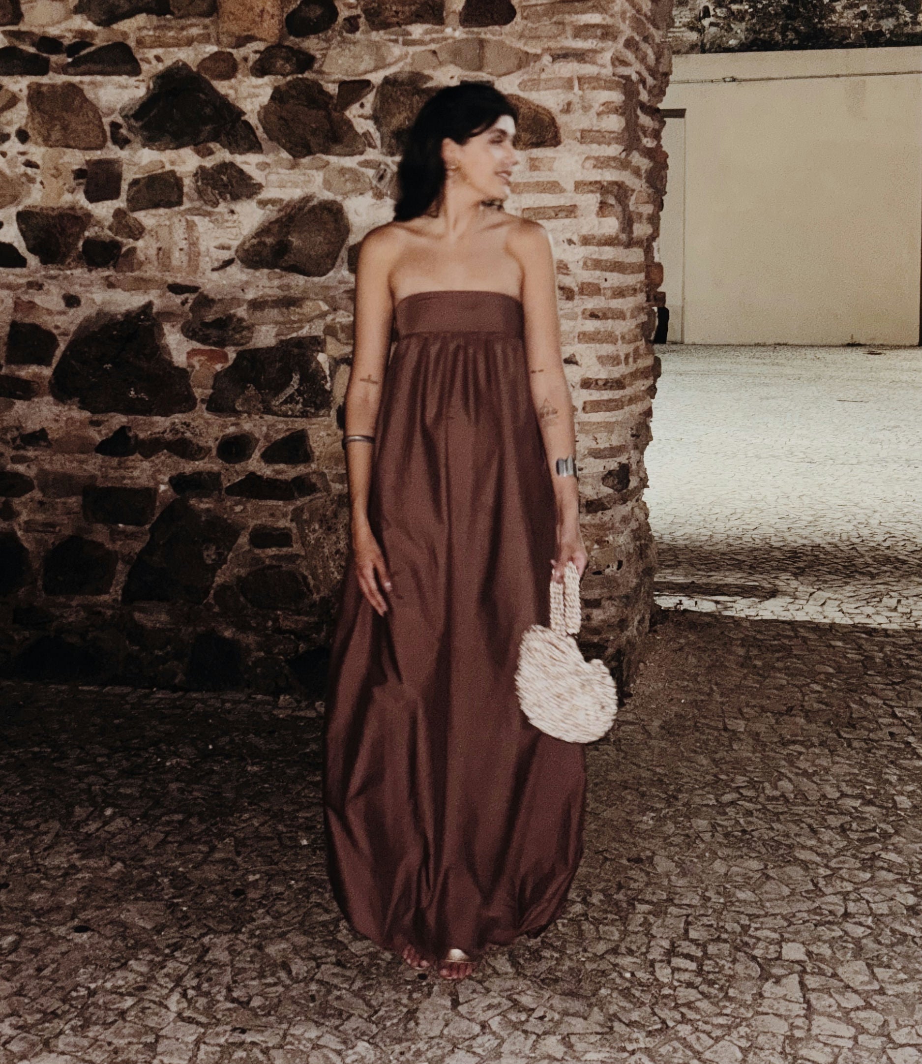 vestido longo balone marrom