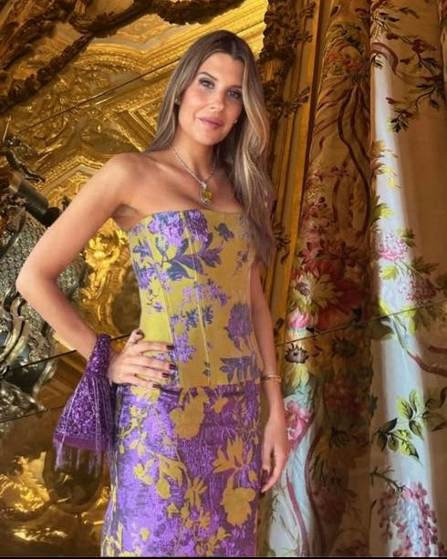 vestido jacquard lima e roxo