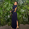 vestido costas abertas manga longa azul