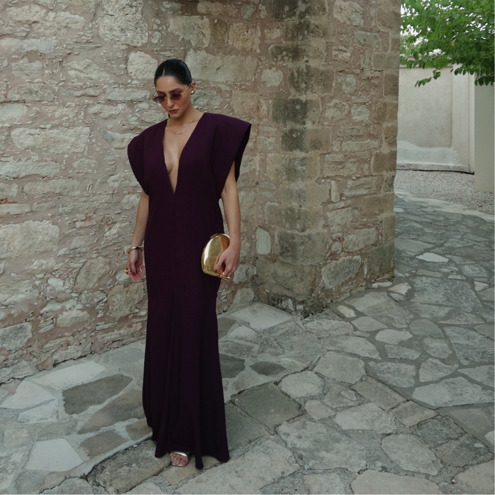 vestido ombreiras roxo