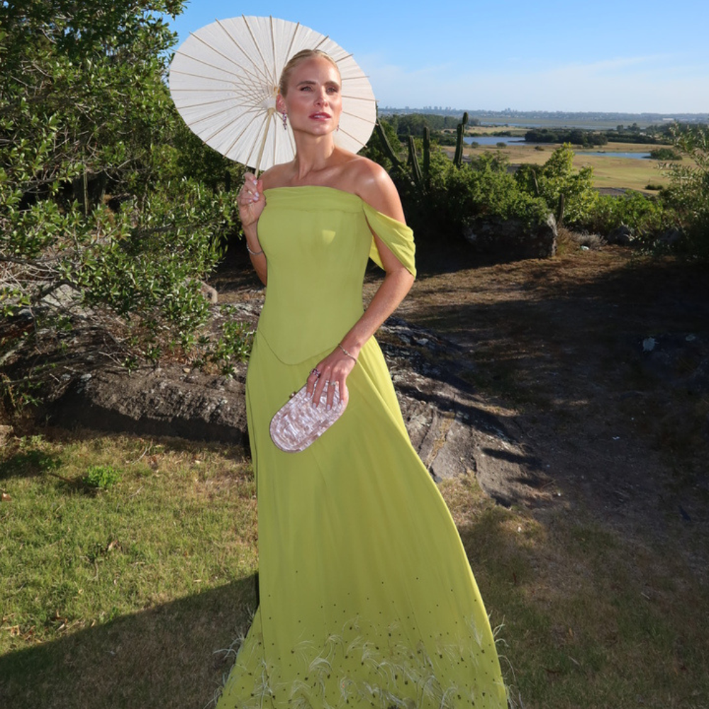 vestido corset plumas verde