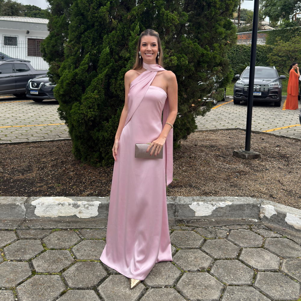 vestido lenço acetinado rosa