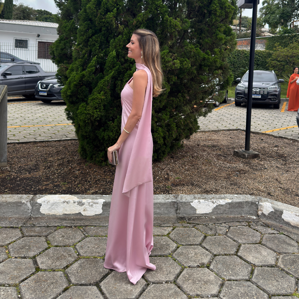 vestido lenço acetinado rosa
