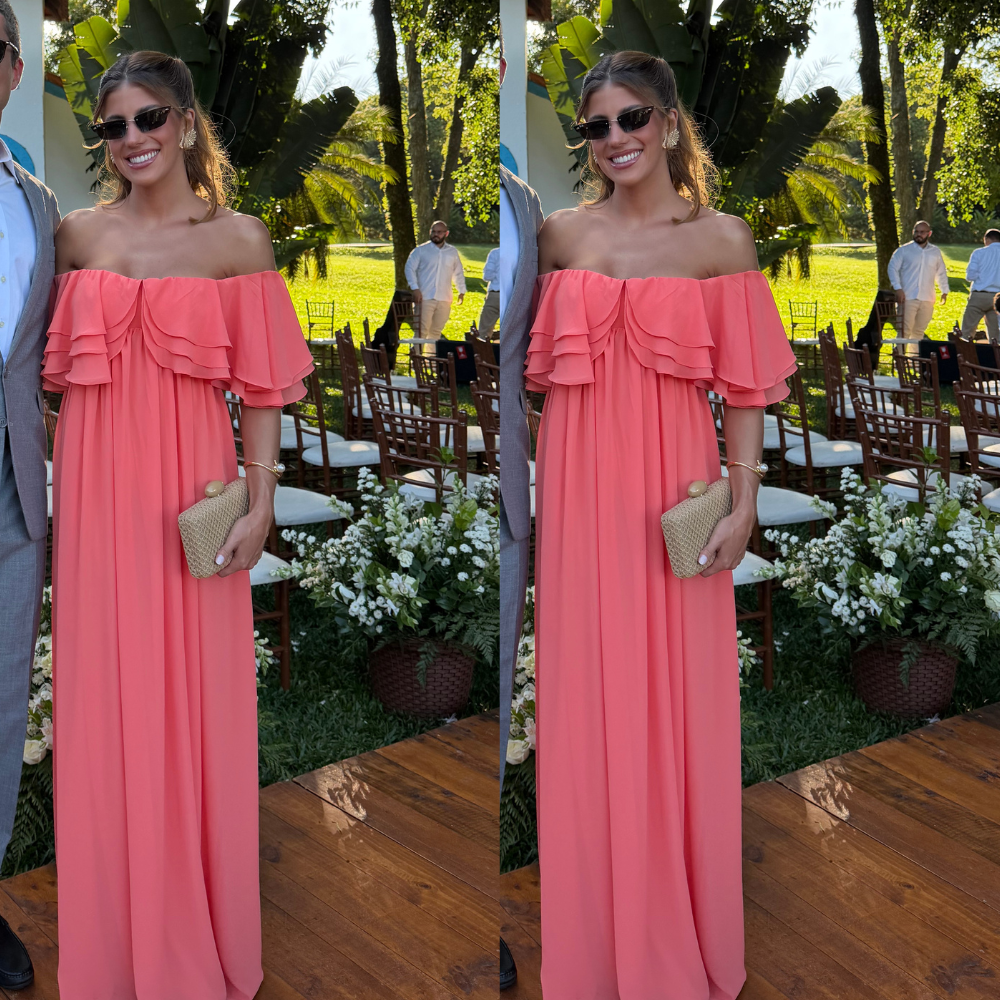 vestido babados tomara que caia coral