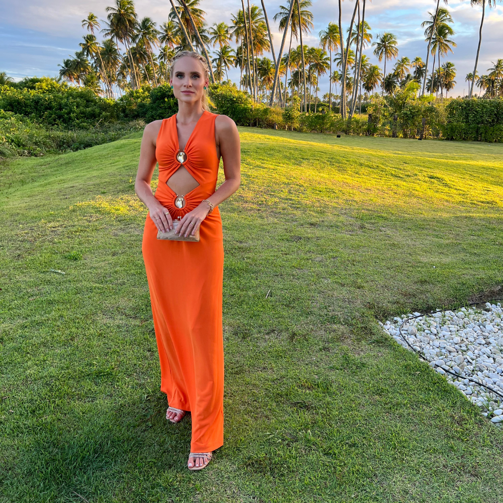 vestido detalhe argola laranja