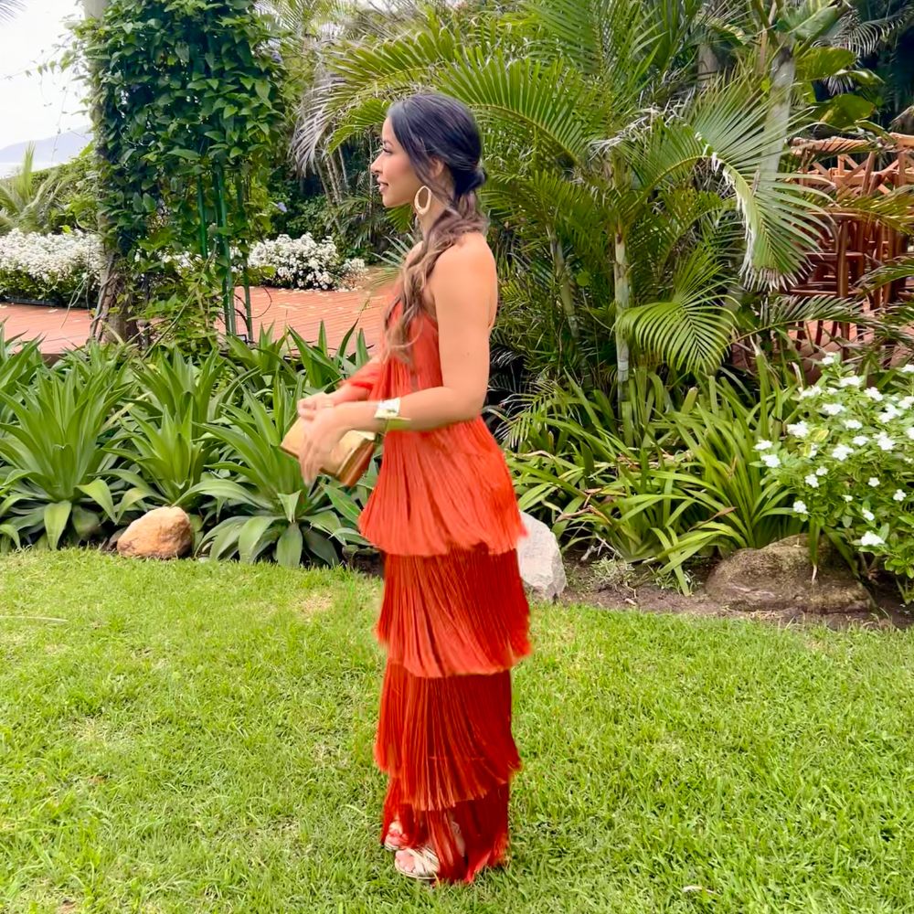 vestido franjas laranja