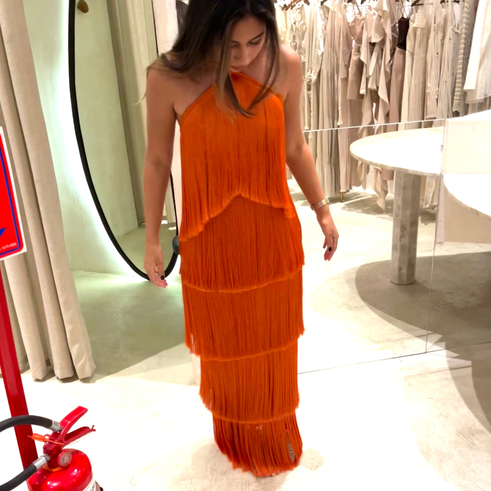 vestido franjas laranja
