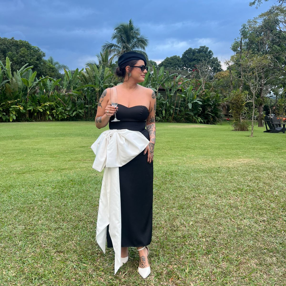 vestido maxi laço preto e branco