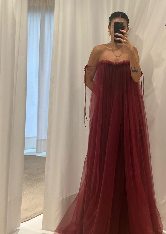 Vestido Longo de Tule Vinho - Tamanho 36