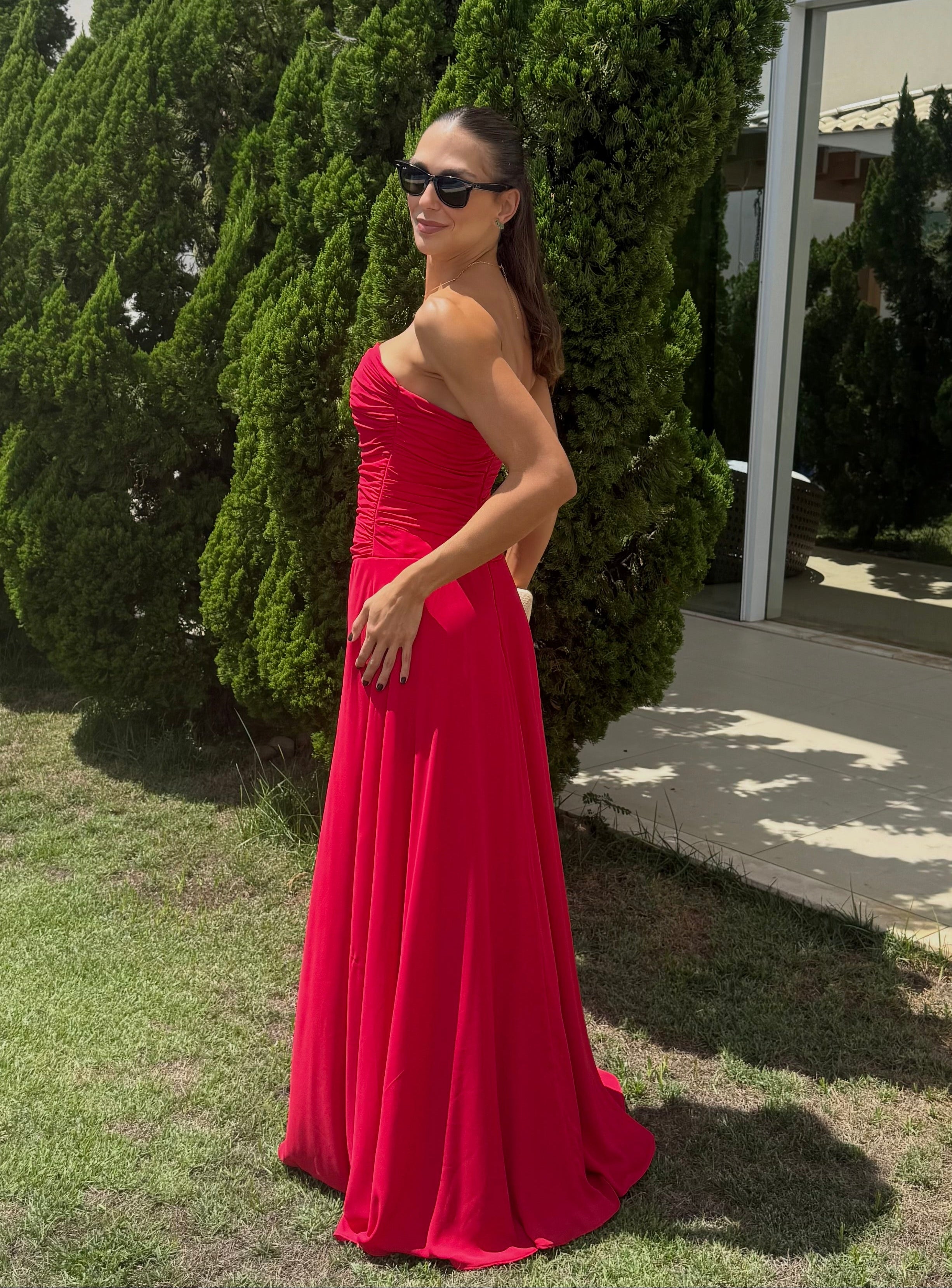 vestido tomara que caia cereja