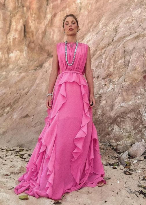 vestido babados chiffon rosa