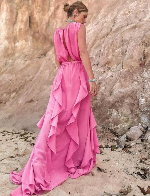 vestido babados chiffon rosa