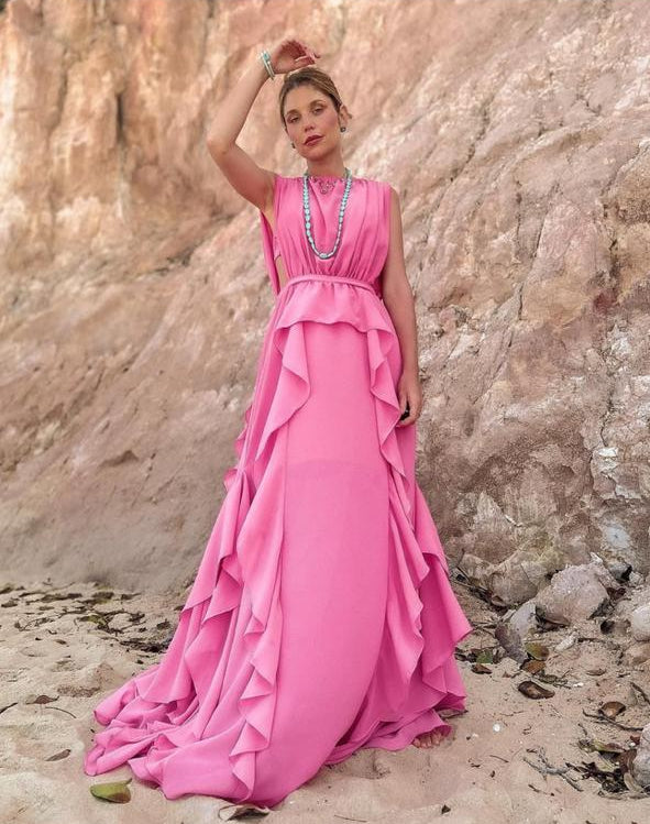 vestido babados chiffon rosa