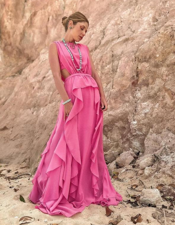 vestido babados chiffon rosa