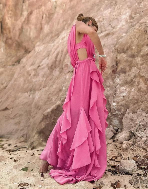 vestido babados chiffon rosa