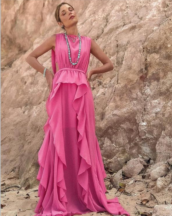 vestido babados chiffon rosa