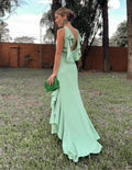 vestido babado assimétrico verde água