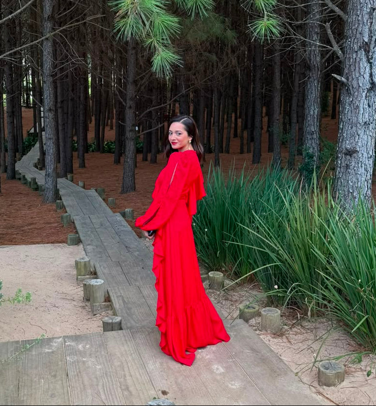 vestido manga longa babados vermelho