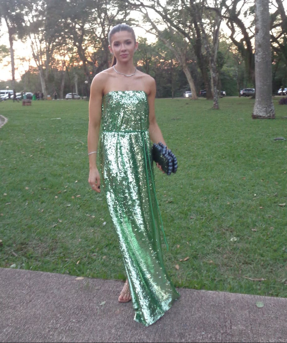 vestido paetê verde candy brown
