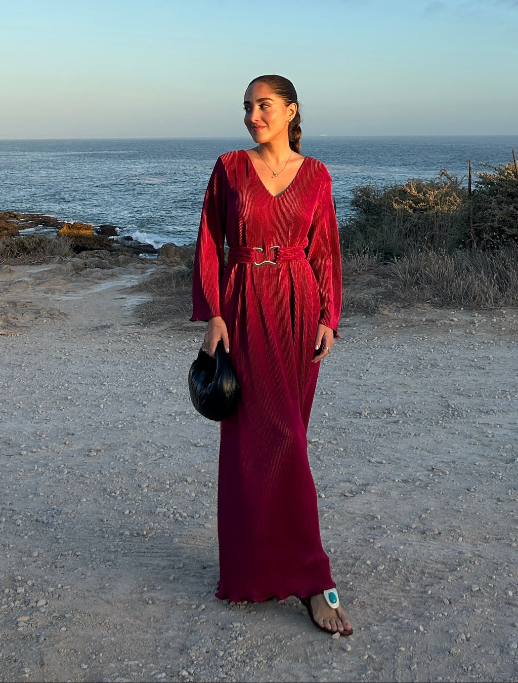 Vestido midi vinho plissado tamanho único