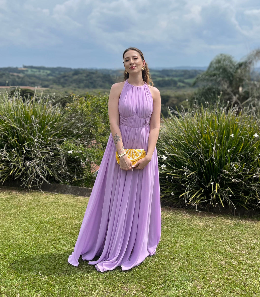 vestido plissado corpete lilás