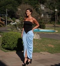 vestido drapeado cetim azul