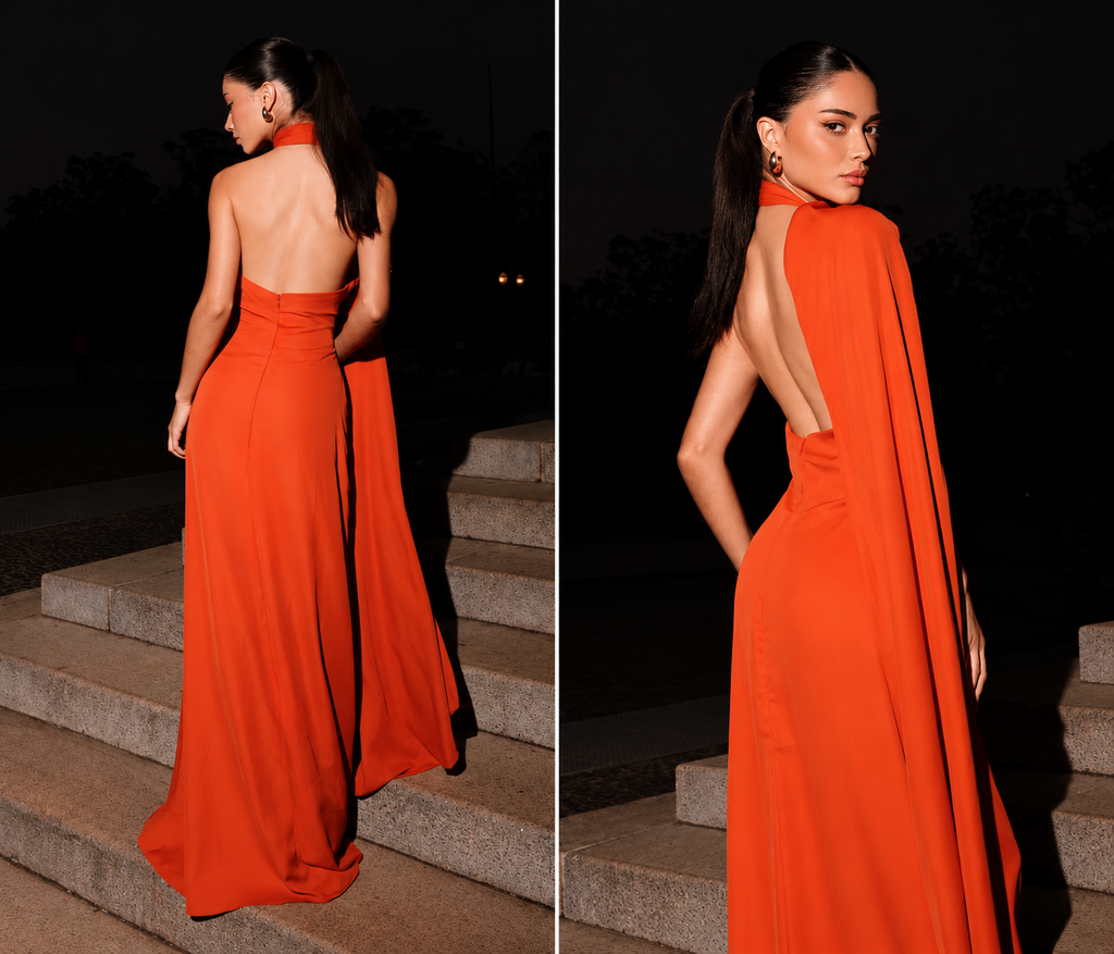 vestido faixa longo terracota